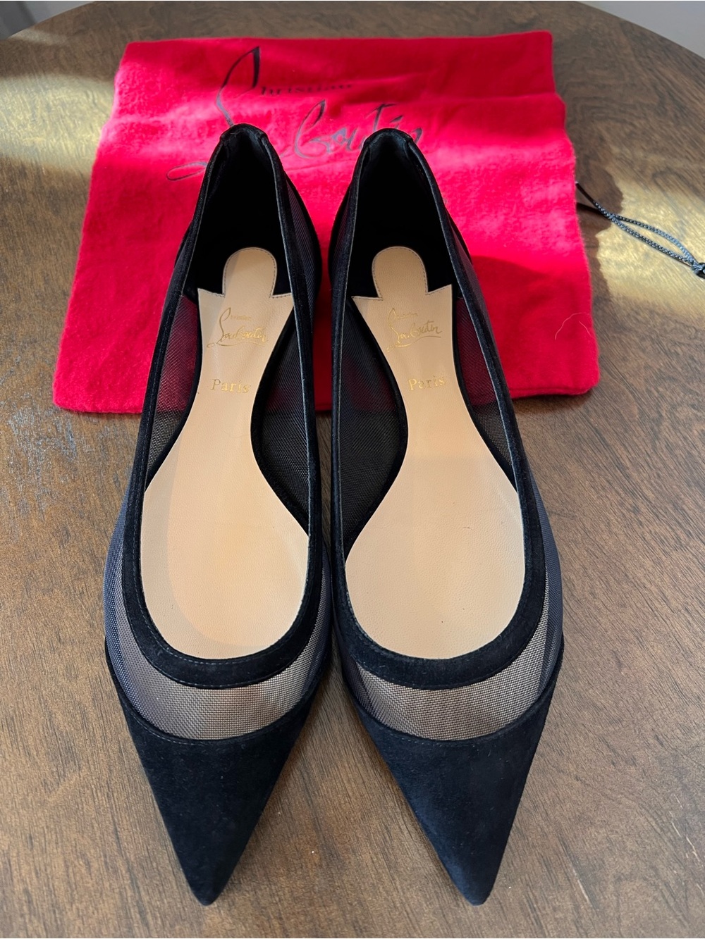 Rare Christian Louboutin Galativi Black Pointed Mesh & Suede Flats 37.5 $795
